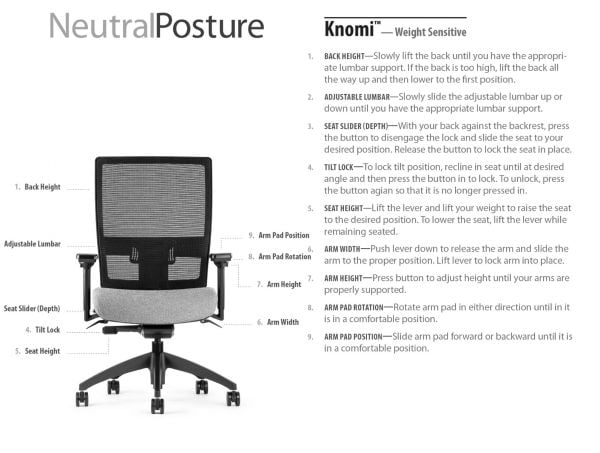 Neutral Posture Knomi Mesh Mid Back, Medium Seat, Arms, Office Chair