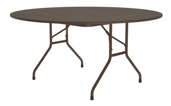 Correl 60" Round Commercial High-Pressure Folding Tables, Standard Height — Wood Grain Tops