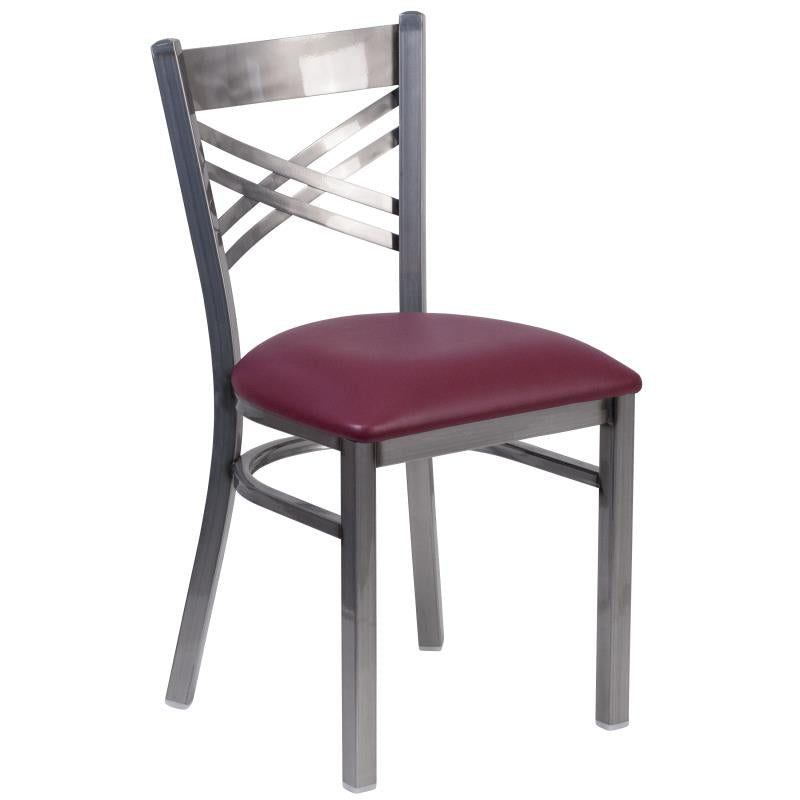 HERCULES Series Silver Antique Finish with Clear Coat ''X'' Back Metal Restaurant Chair - Burgundy Vinyl Seat