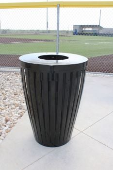 MyTCoat Downtown 32 Gallon Downtown Trash Receptacle with Flattop - Tapered - Slatted Steel