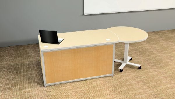 Desk, 30d x 60w x 30h, Laminate Panels, Cable Trough, Glides, Influence Eclipse Podium 30d x 36w x 28-45h, Podium on Left