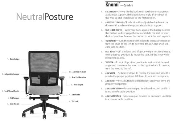Neutral Posture Knomi® Mesh Mid Back, Medium Seat, Arms, Office Chair